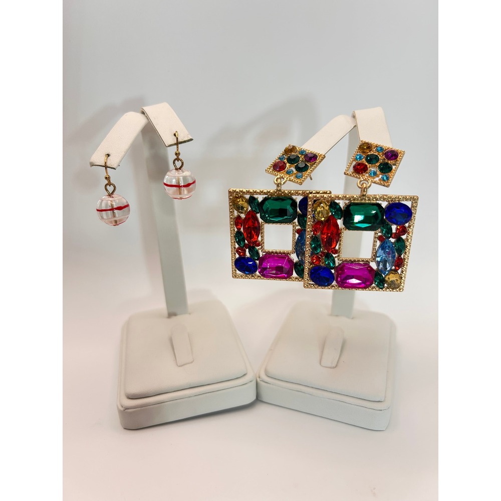 Earring Set Women OS Multicolor Good Gemstone Square & Striped Orb - Picture 3 of 12